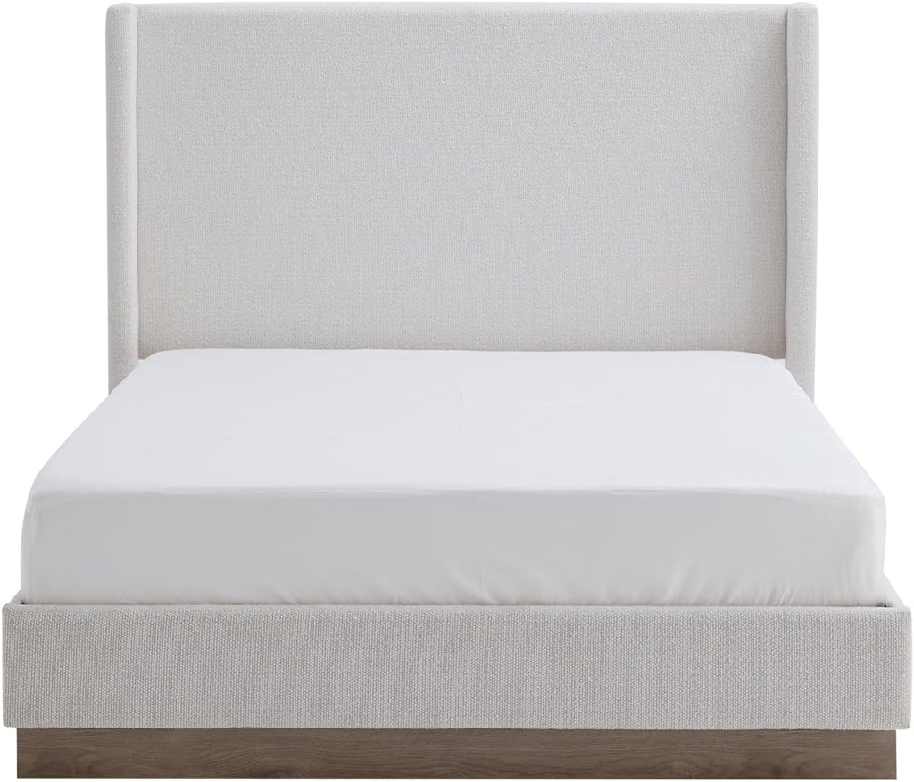 King Boucle Bed Frame with 53.1' Tall Headboard - Cream White Hosford Wingback Upholstered Platform Bed with Wood Base Bedroom Furniture Strong Mattress Wood Slats Support No Box Spring Needed