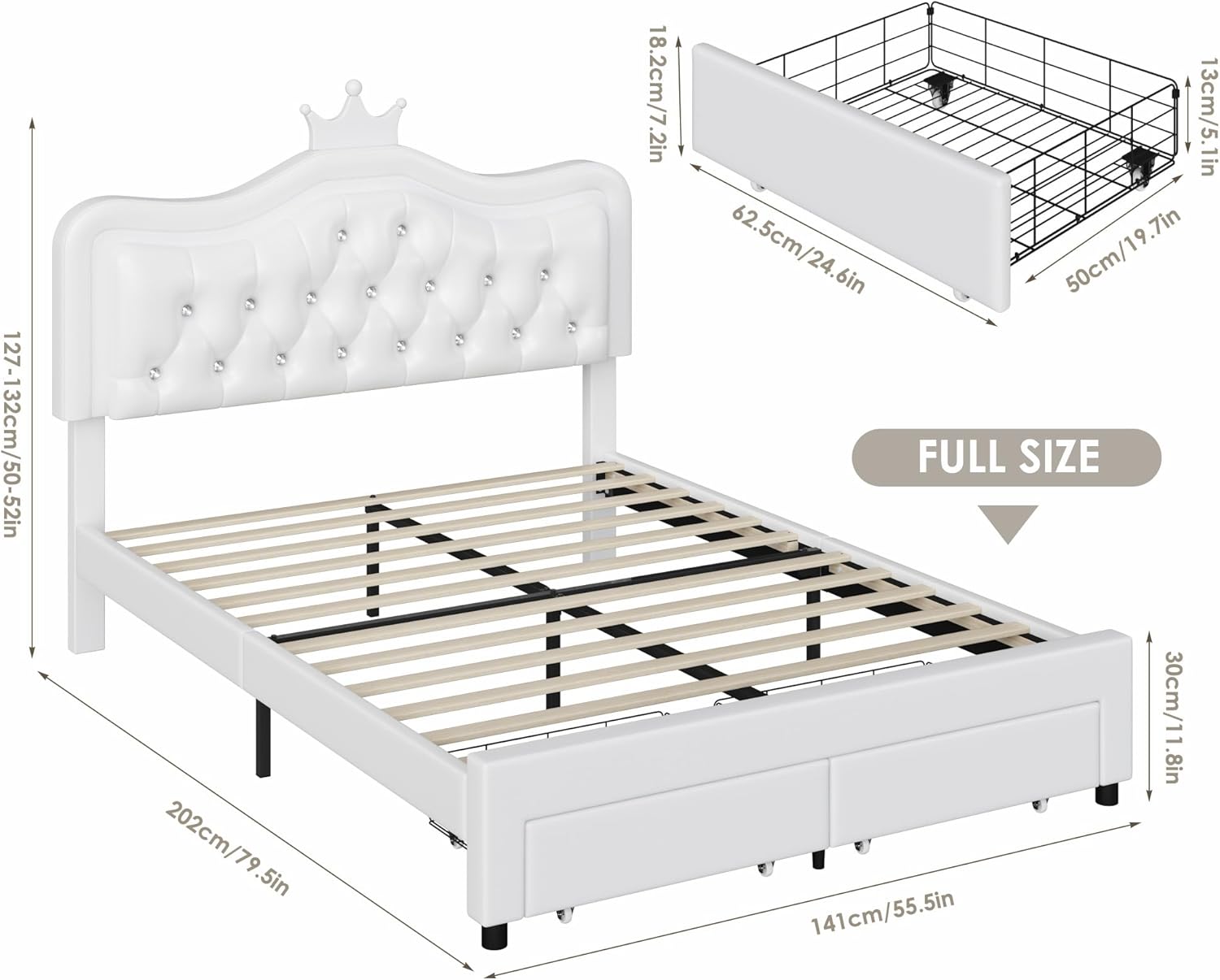 Keyluv Full Upholstered LED Bed Frame with Storage Drawer, Leather Princess Platform Bed with Adjustable Crystal Button Tufted Crown Headboard, Solid Wooden Slats Support, No Box Spring Needed, White