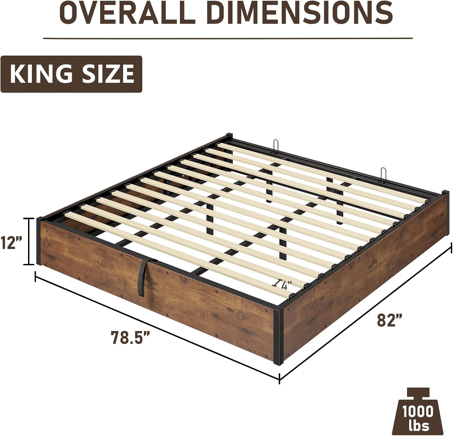 LUXOAK 3 Pieces Bedroom Sets, Includes King Size Lift Up Storage Platform Bed Frame, 2 Drawers Farmhouse Nightstand Set of 2 with Charging Station, No Box Spring Needed, Rustic Brown