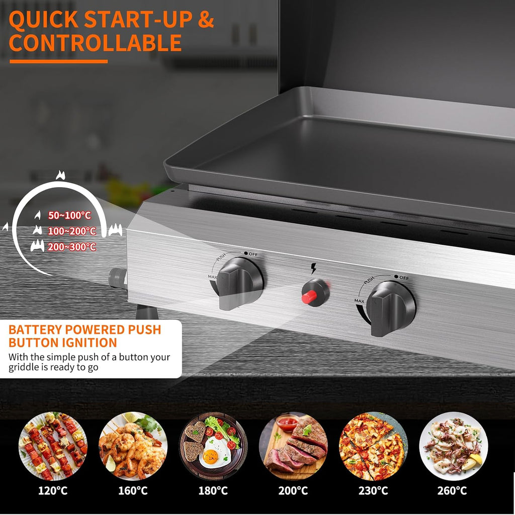 SKOK 3 Burners Outdoor Gas Griddle with Hood, Portable Flat Top Gas Grill-Table Top Propane Griddle Station with Side Shelves