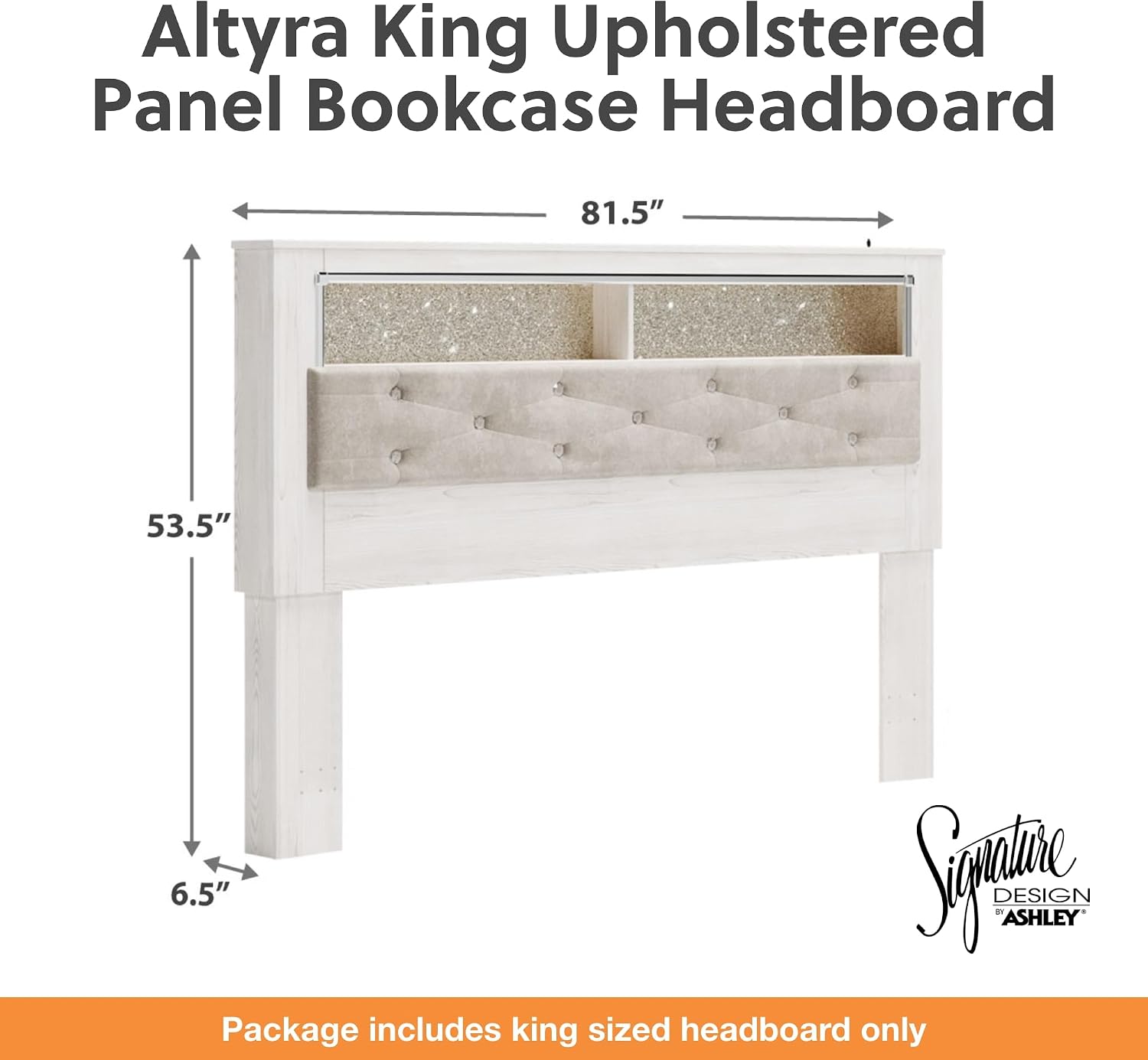 Signature Design by Ashley Altyra Modern Glam Upholstered Panel Bookcase Headboard, King, White