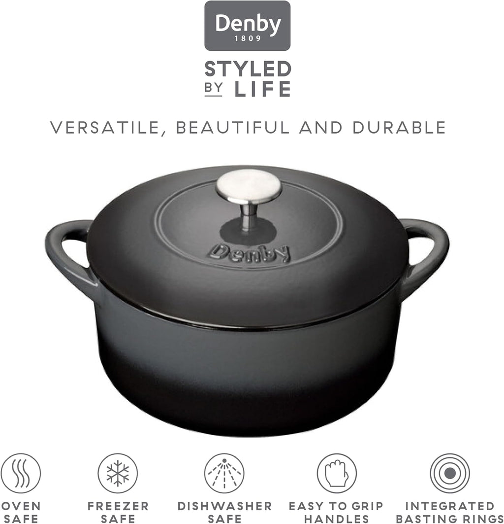 Denby - Halo Black Cast Iron Casserole Dish - Dutch Oven, Round Oven Safe Pot, Enamelled - 5.4L Capacity, 10in - Serves 6 People