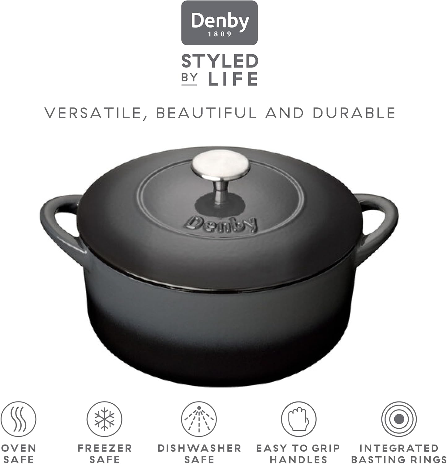 Denby - Halo Black Cast Iron Casserole Dish - Dutch Oven, Round Oven Safe Pot, Enamelled - 5.4L Capacity, 10in - Serves 6 People