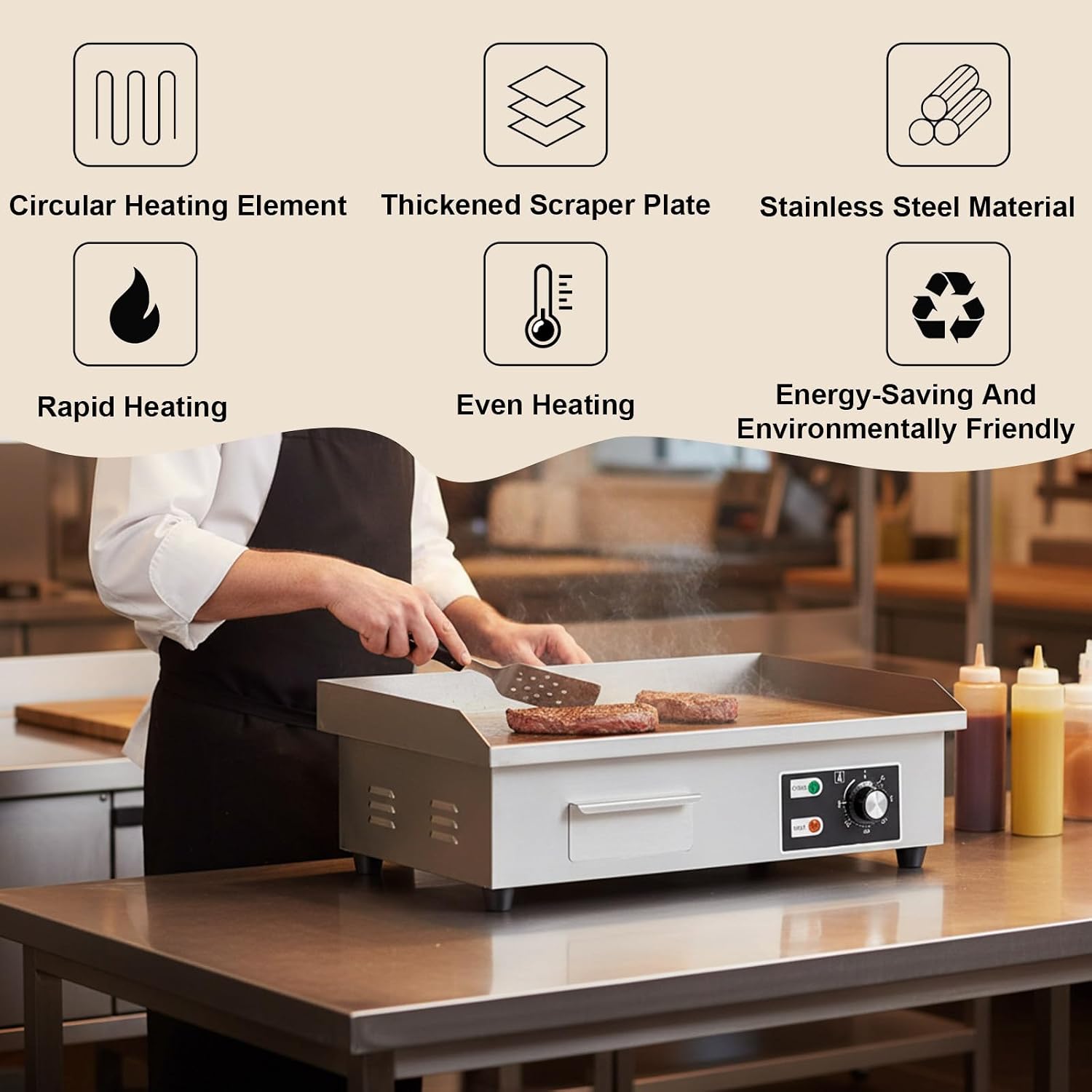 Commercial Electric Griddle, 3000 W Nonstick Stainless Steel Electric Griddle, Stainless Steel Countertop Grill with Flat Surface, 8mm thick iron plate, For Camping, Commercial 73 * 47 * 22CM