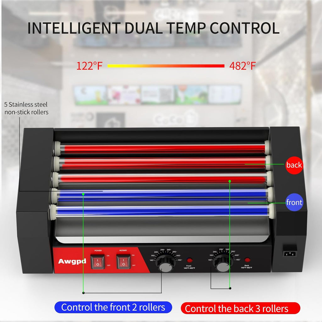 Hot Dog Roller Machine, Hot Dog Roller 5 Rollers 12 Hot Dogs Capacity, Hot Dog Roller with Glass Cover, Drip Tray, Dual Temperature Control for Commercial and Household Use (5 Rollers+Cover)