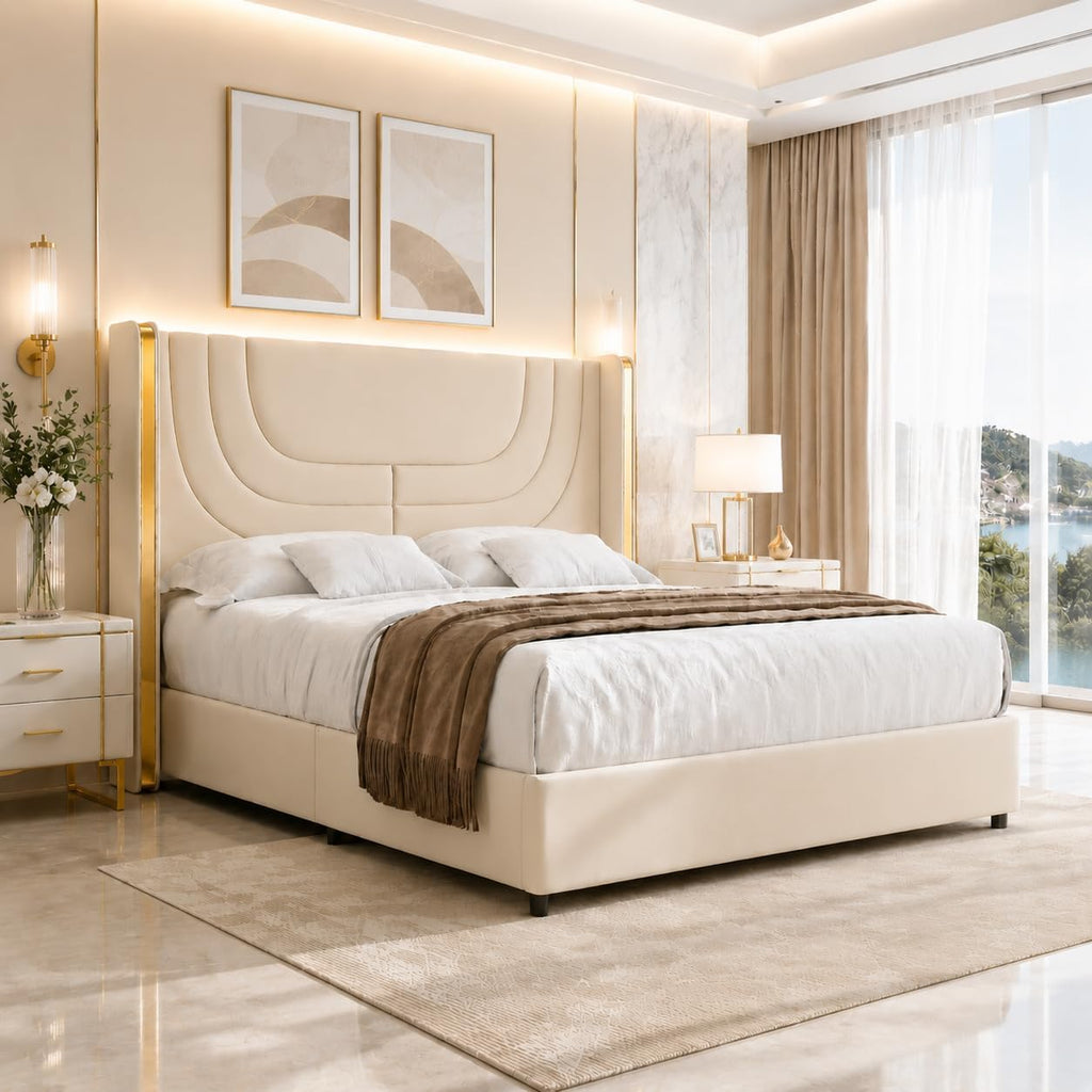 REVOMINCA Queen Bed Frame with LED Lights, Faux Leather Upholstered Platform with Silver Wingback Headboard, Modern Style, No Box Spring Needed, Easy Assembly, Cream