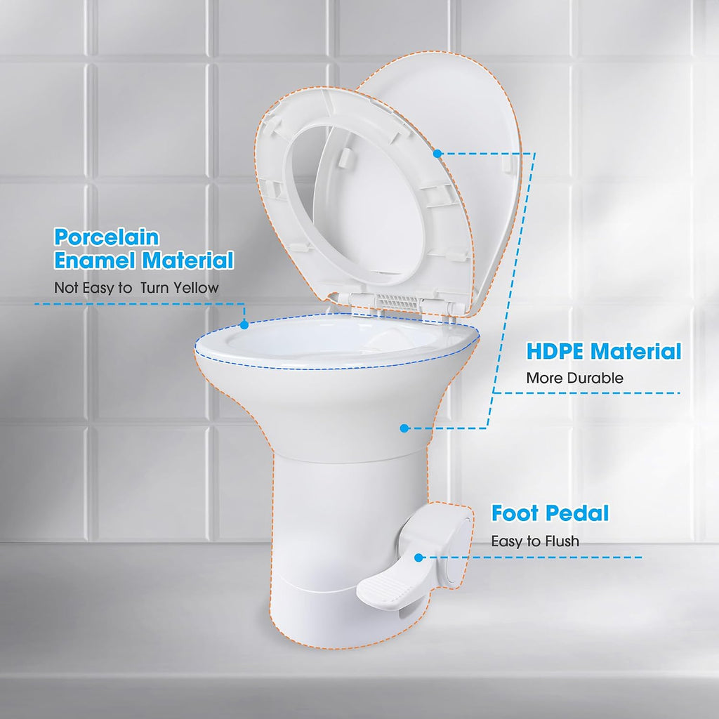 Yescom RV Camper Toilet Porcelain Ceramic Enamel & HDPE Gravity Flush 20' High Foot Pedal for Travel Trailer Motorhome Caravan