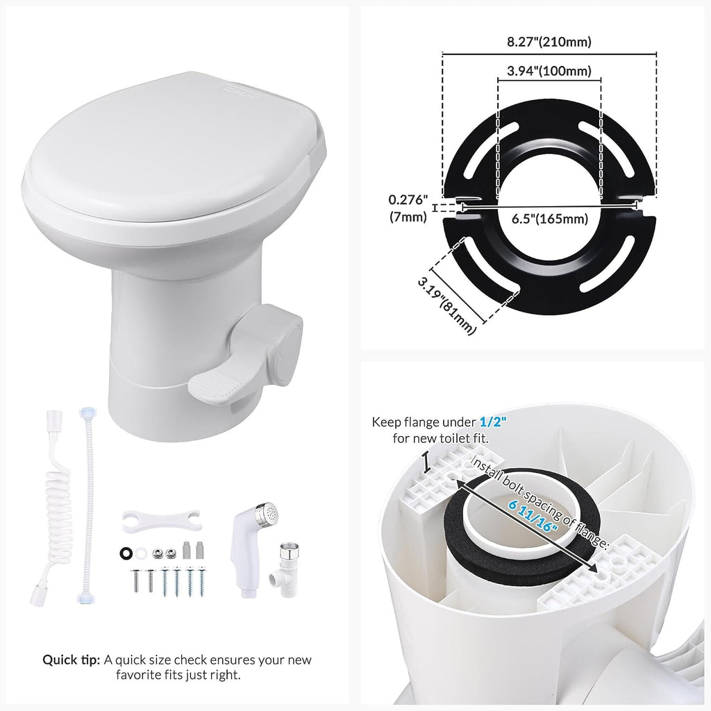 Yescom RV Toilet with Bidet Spray for Motorhome Caravan 20' High Gravity Flush Travel Tailer Toilets Portable Restroom Toilet Fits for Marine