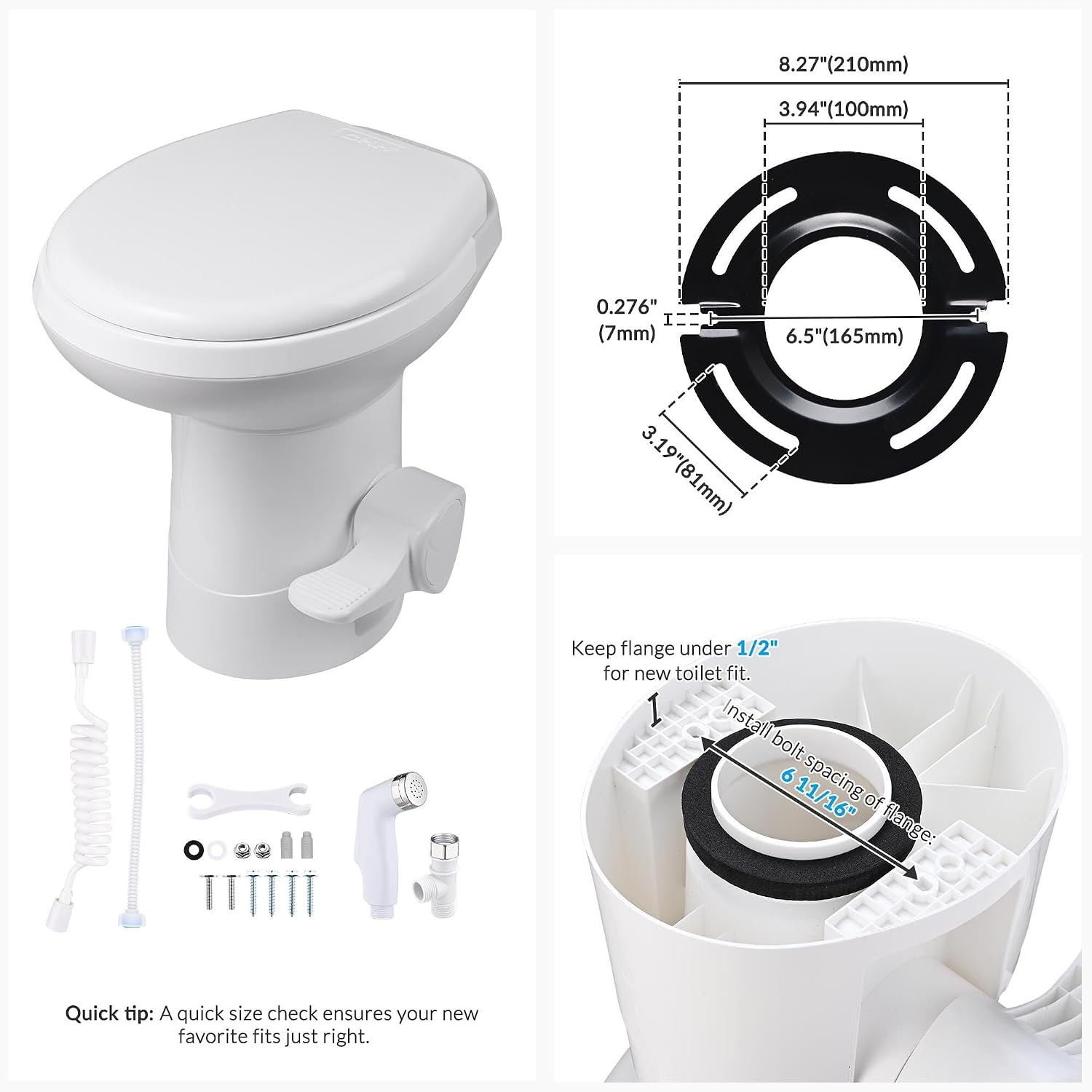 Yescom RV Toilet with Bidet Spray for Motorhome Caravan 20' High Gravity Flush Travel Tailer Toilets Portable Restroom Toilet Fits for Marine