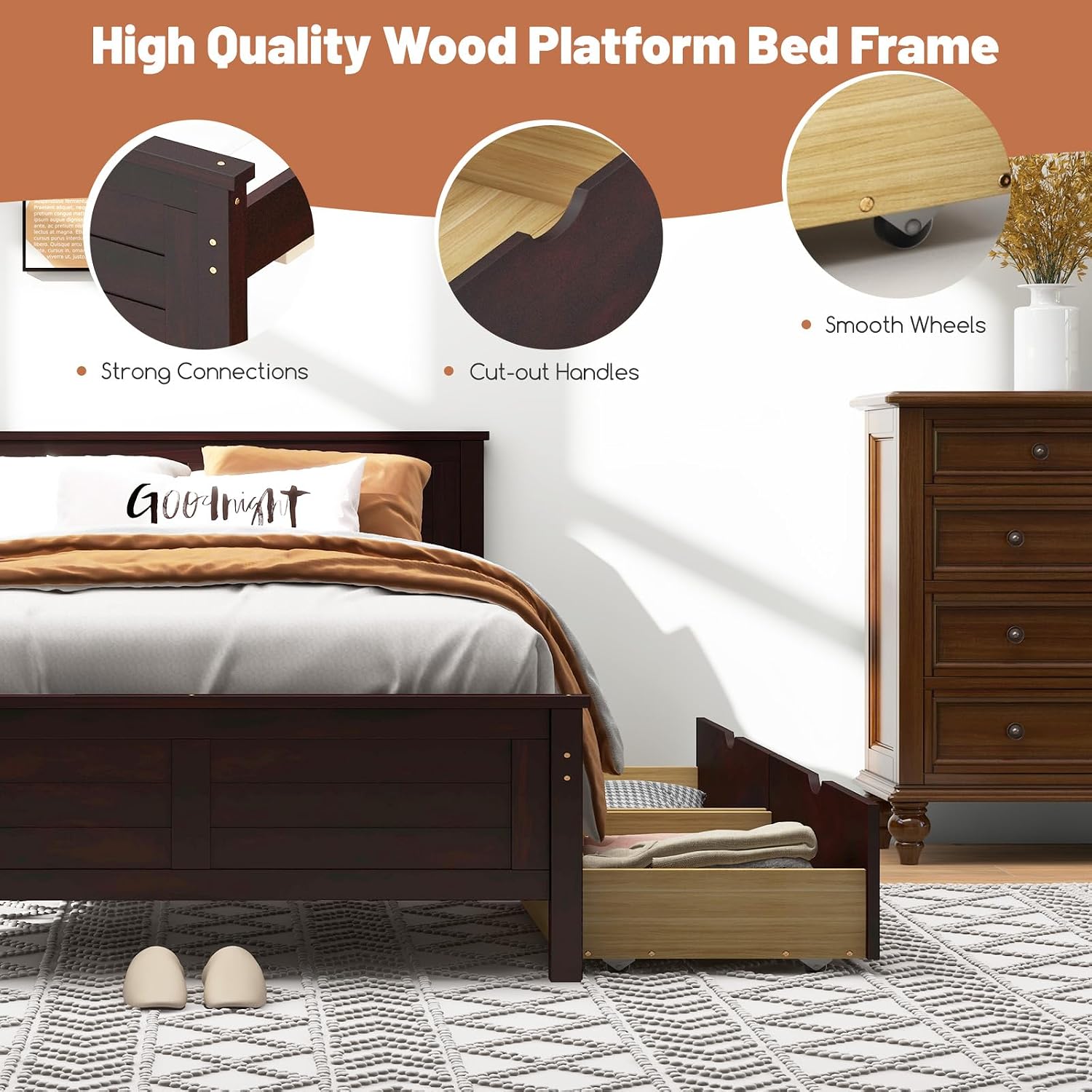 GOFLAME Twin Size Bed Frame with 2 Drawers, Platform Bed with Solid Wood Headboard & Footboard, Wood Slats Support Mattress Foundation, Under Bed Storage, No Box Spring Needed, Easy Assembly, Espresso