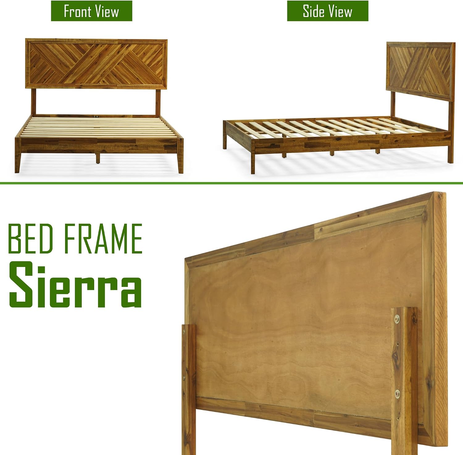 Acacia Sierra Bed Frame with Headboard Solid Wood Platform Bed, Queen Bed Frame, Tall Headboard Wood Bed Compatible with All Mattress Types, No Box Spring Needed, Early American