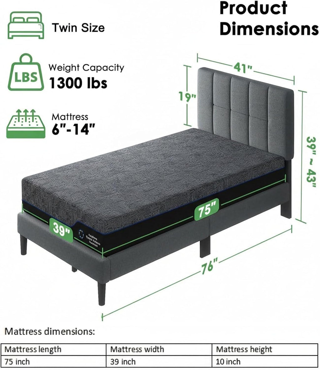 Marsail Twin Size Bed Frame and Mattress Set with Adjustable Upholstered Headboard and 10″ Memory Foam Mattress, Sturdy and Durable,12 Support Legs,with Graphene Fabric and Cooling Gel, Dark Gray