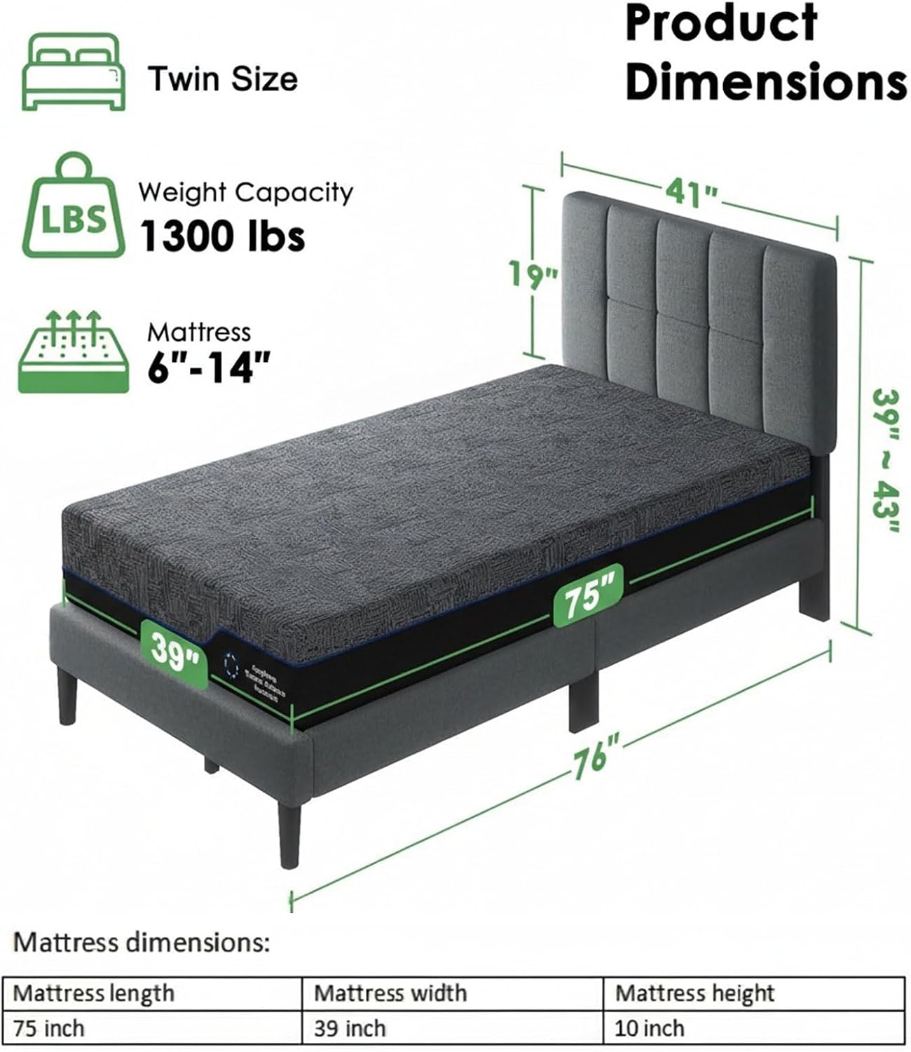 Marsail Twin Size Bed Frame and Mattress Set with Adjustable Upholstered Headboard and 10″ Memory Foam Mattress, Sturdy and Durable,12 Support Legs,with Graphene Fabric and Cooling Gel, Dark Gray