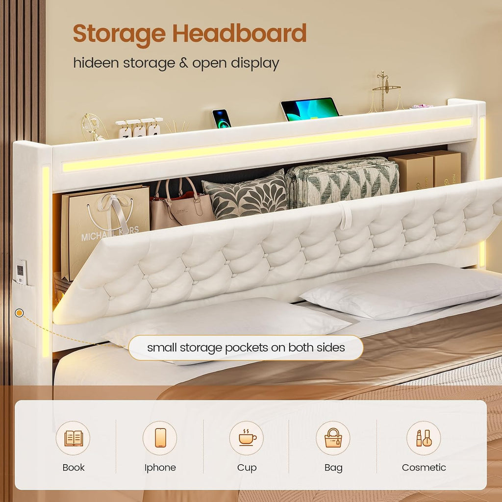 BTHFST Upholstered LED Bed Frame Queen Size with 5 Storage Drawers, Hidden Storage Headboard with Charging Station, Velvet Button Tufted Headboard Platform Bed, Beige