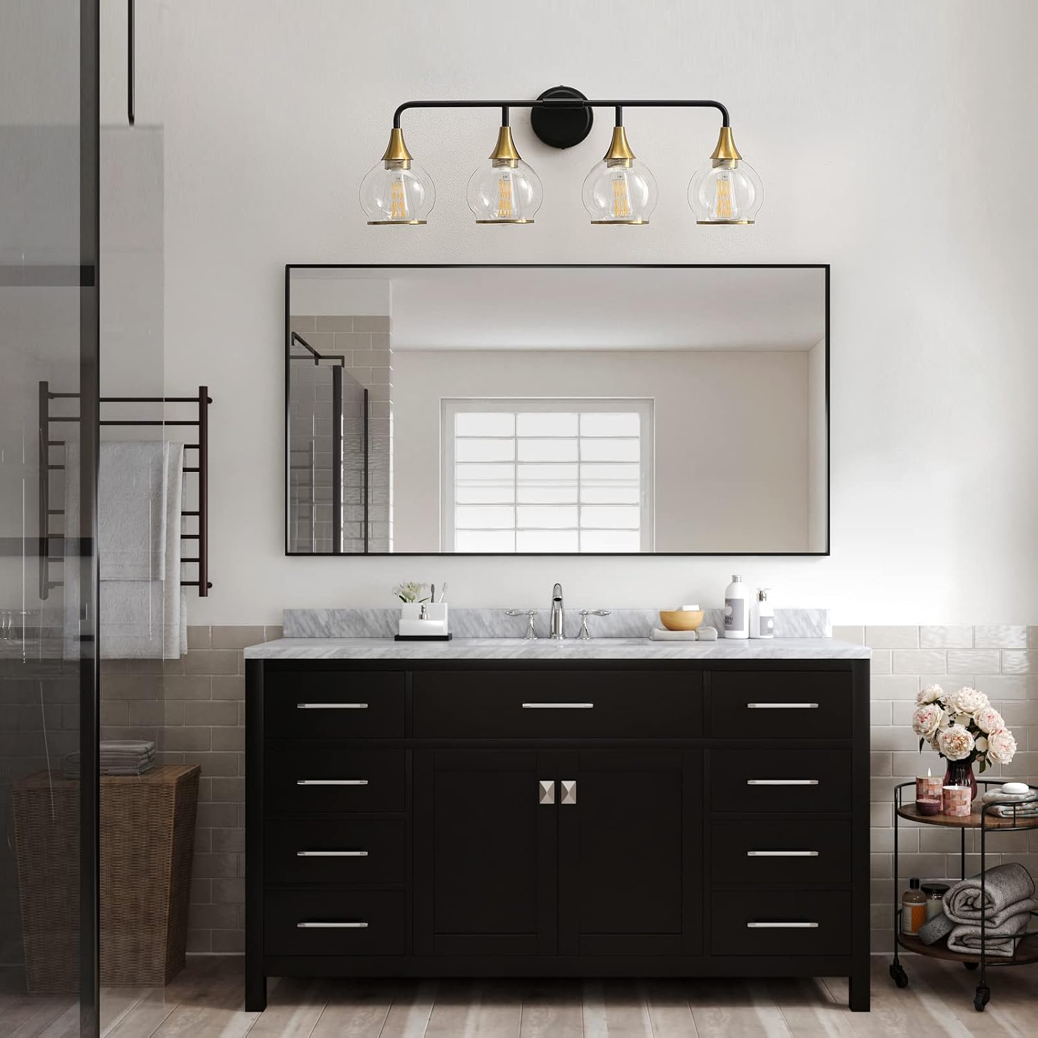 Black and Gold Bathroom Vanity Light 4-Light Bathroom Vanity Light Fixtures Over Mirror with Clear Glass Shade 30.7 inch Wall Sconce Lighting Bath(Exclude E26 Bulb)