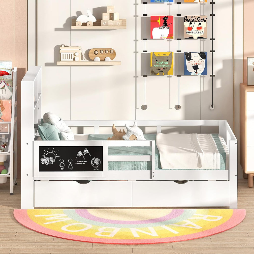 Giantex Twin Bed with 2 Storage Drawers, Solid Wood Kids Bed Frame w/Bookcase Headboard & Blackboard, Full-Length Guardrails & Wooden Slats Support, Twin Bed Frames for Kids Boys Girls, White