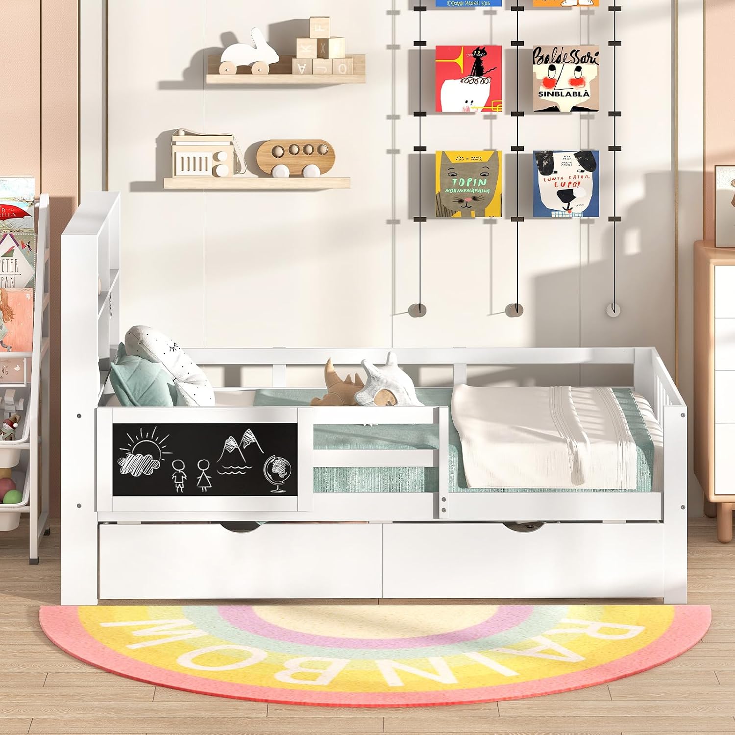 Giantex Twin Bed with 2 Storage Drawers, Solid Wood Kids Bed Frame w/Bookcase Headboard & Blackboard, Full-Length Guardrails & Wooden Slats Support, Twin Bed Frames for Kids Boys Girls, White
