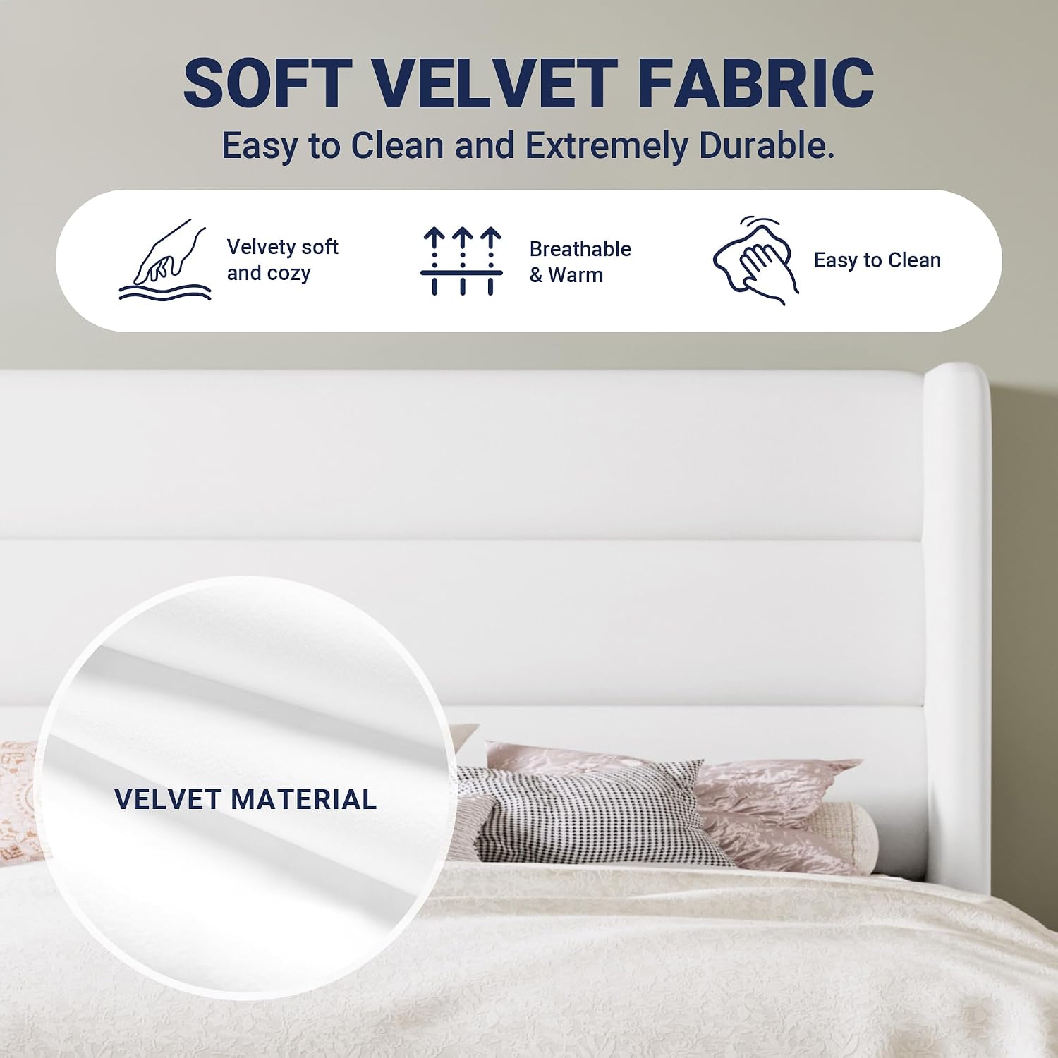 Allewie Full Size Platform Bed Frame with Velvet Upholstered Wingback Headboard, No Box Spring Needed, Under Bed Storage Space, Strong Wooden Slats, Modern Mattress Foundation, Easy Assembly, White