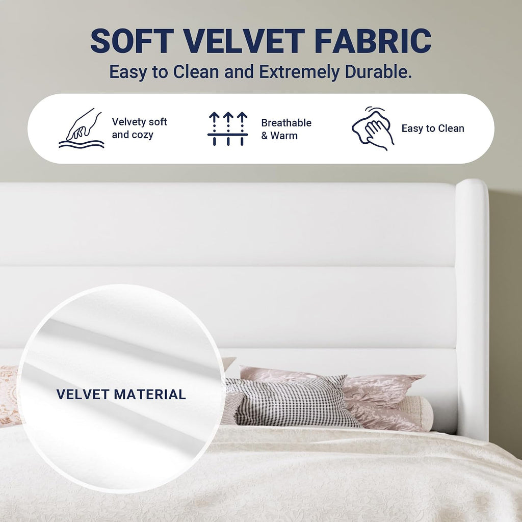 Allewie Queen Size Platform Bed Frame with Velvet Upholstered Wingback Headboard, No Box Spring Needed, Under Bed Storage Space, Strong Wooden Slats, Modern Mattress Foundation, Easy Assembly, White