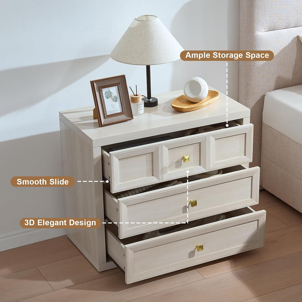 3 Drawers Nightstand Set of 2 W/Charging Station, 30.7' W King Size Bedside Table with 3 Drawers, Accent End Table W/Large Storage, Modern Wood Side Table for Bedroom,Office (2 Pieces, Beige)
