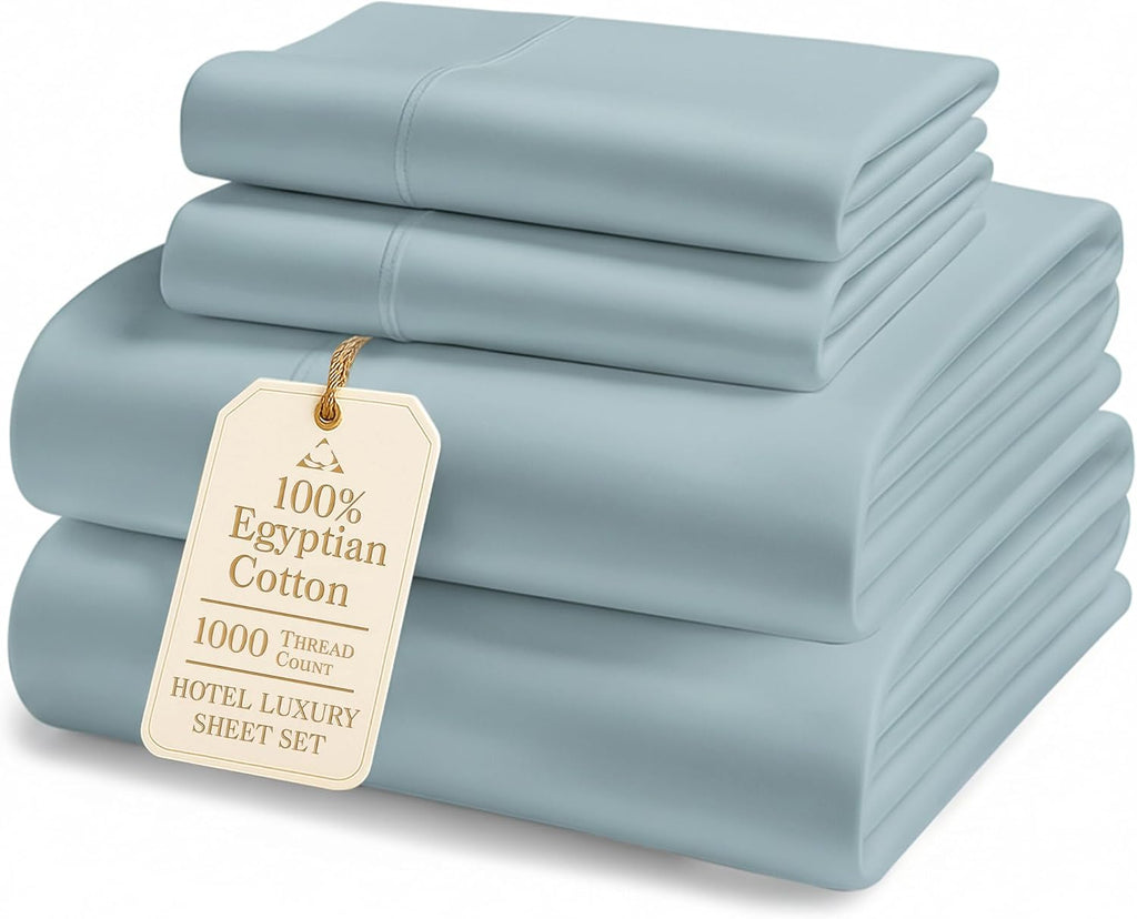 LANE LINEN 1000 Thread Count 100% Egyptian Cotton King Size Sheets – Silky Sateen Weave, Naturally Cooling & Durable, Ultra-Soft Luxury You Can Feel,15' Deep Pocket King Sheet Set – French Blue