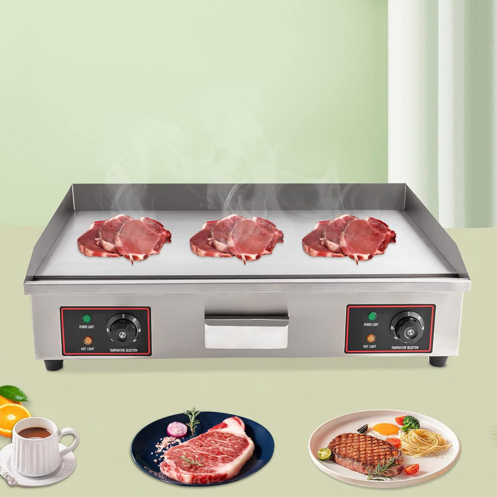 Bacocoo 3000W Commercial Flat Top Griddle, 30 Inch Electric Countertop Griddle,122°F-572°F Adjustable Temp, Cast Iron Cooking Plate & Stainless Steel Body for Restaurant, Food Truck.