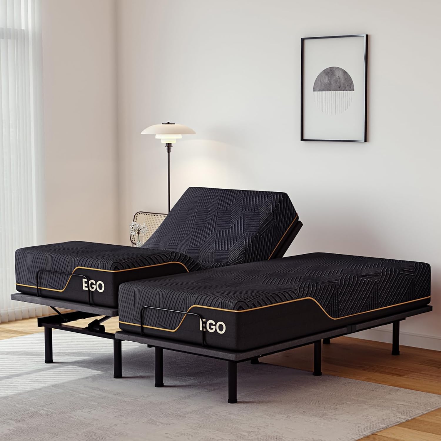 MLILY EGOHOME Split King Adjustable Bed Frame and 14 inch Memory Foam Mattress, Wireless Remote Adjustable Bed Base with 12' Adjustable Legs and Head and Foot Incline, Zero Gravity, Easy Assembly