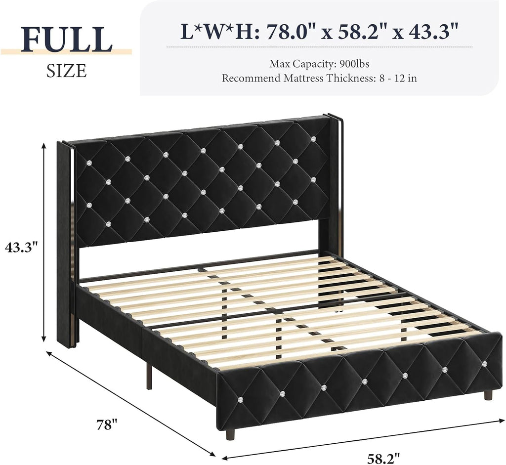 Lullabyre Full Size Bed Frame, Upholstered Bed Frame with Diamond Tufted Headboard, Modern Silverside Wingback, No Box Spring Needed, Easy Assembly, Black