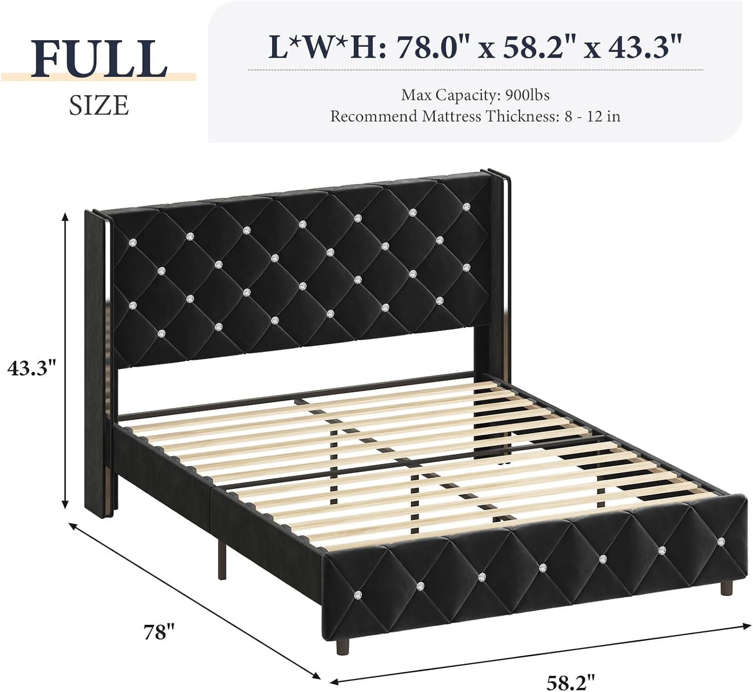 Lullabyre Full Size Bed Frame, Upholstered Bed Frame with Diamond Tufted Headboard, Modern Silverside Wingback, No Box Spring Needed, Easy Assembly, Black
