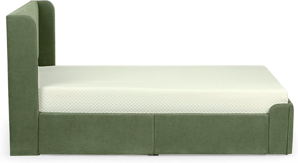 Max & Lily Upholstered Full Bed Frame with Rectangular Headboard and Two Storage Drawers, Upholstered Platform Bed for Kids, No Box Spring Needed, Easy Assembly, Green