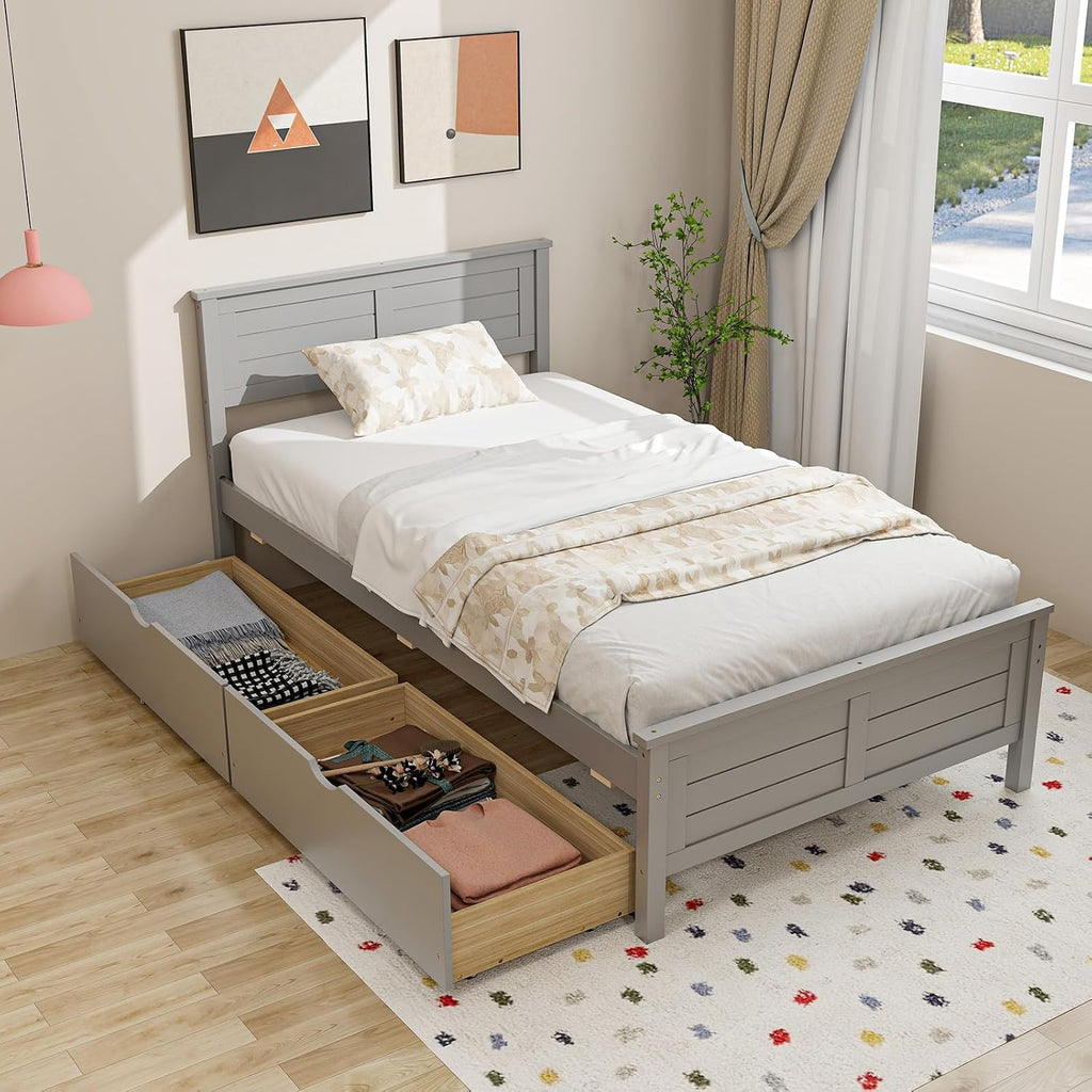Giantex Wood Twin Bed with 2 Storage Drawers, Solid Wood Platform Bed with Headboard, Wooden Slats Support Mattress Foundation, No Spring Needed, Twin Bed Frame for Kids, Teens, Adults, Grey