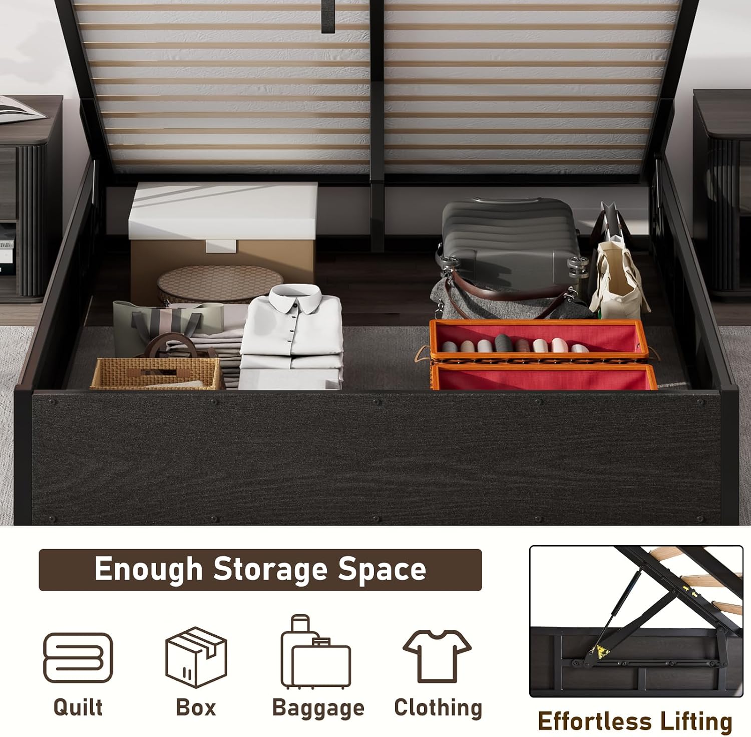 LUXOAK 3 Pieces Bedroom Sets, Includes King Size Lift Up Storage Platform Bed Frame, 2 Drawers Farmhouse Nightstand Set of 2 with Charging Station, No Box Spring Needed, Black