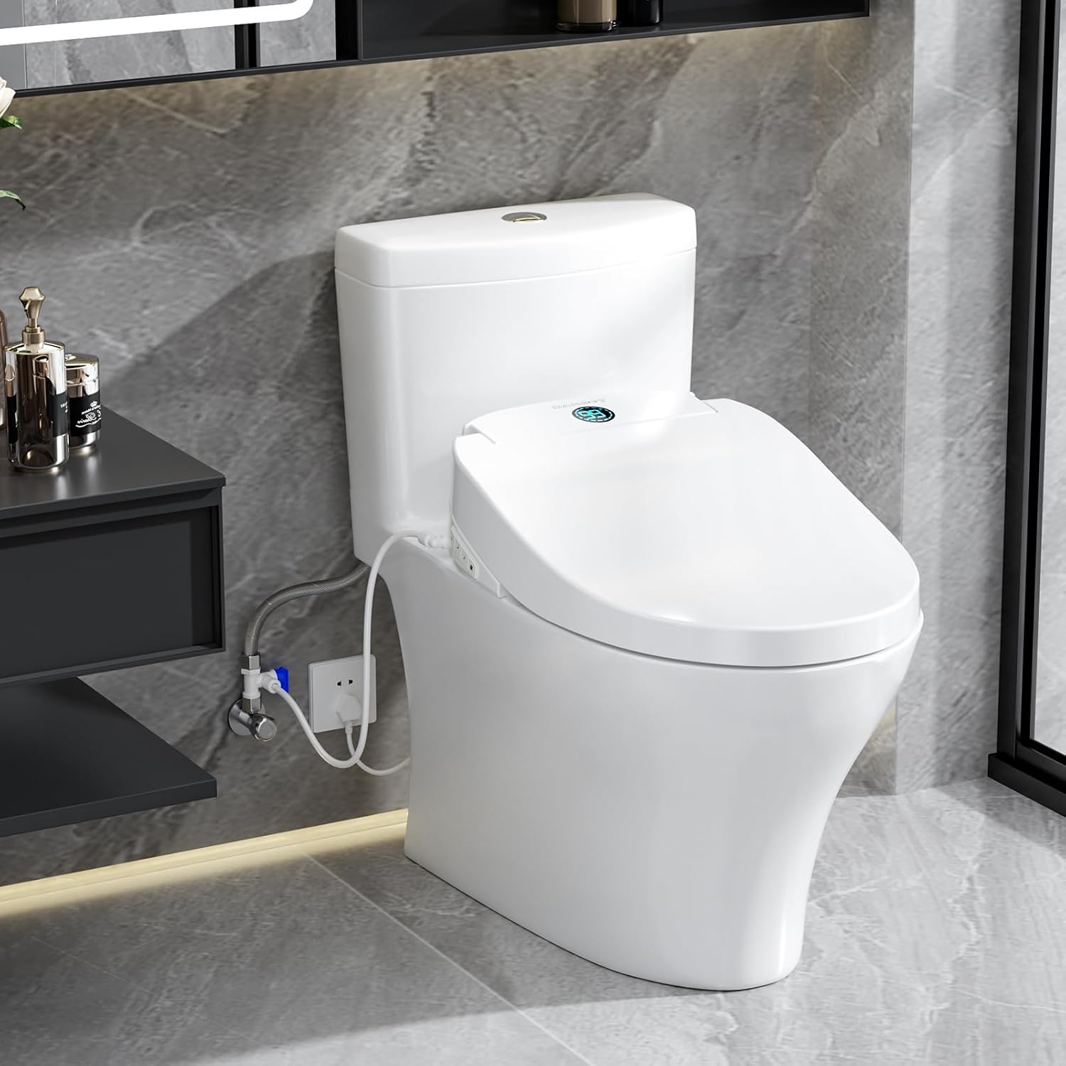 Elongated Heated Bidet Toilet Seat with Dual-Control Panel, LED Display, Instant Warm Water & Air Dryer, Self-Cleaning Nozzle, Soft-Close Lid, UV Nightlight, Child/ECO/Silent Modes