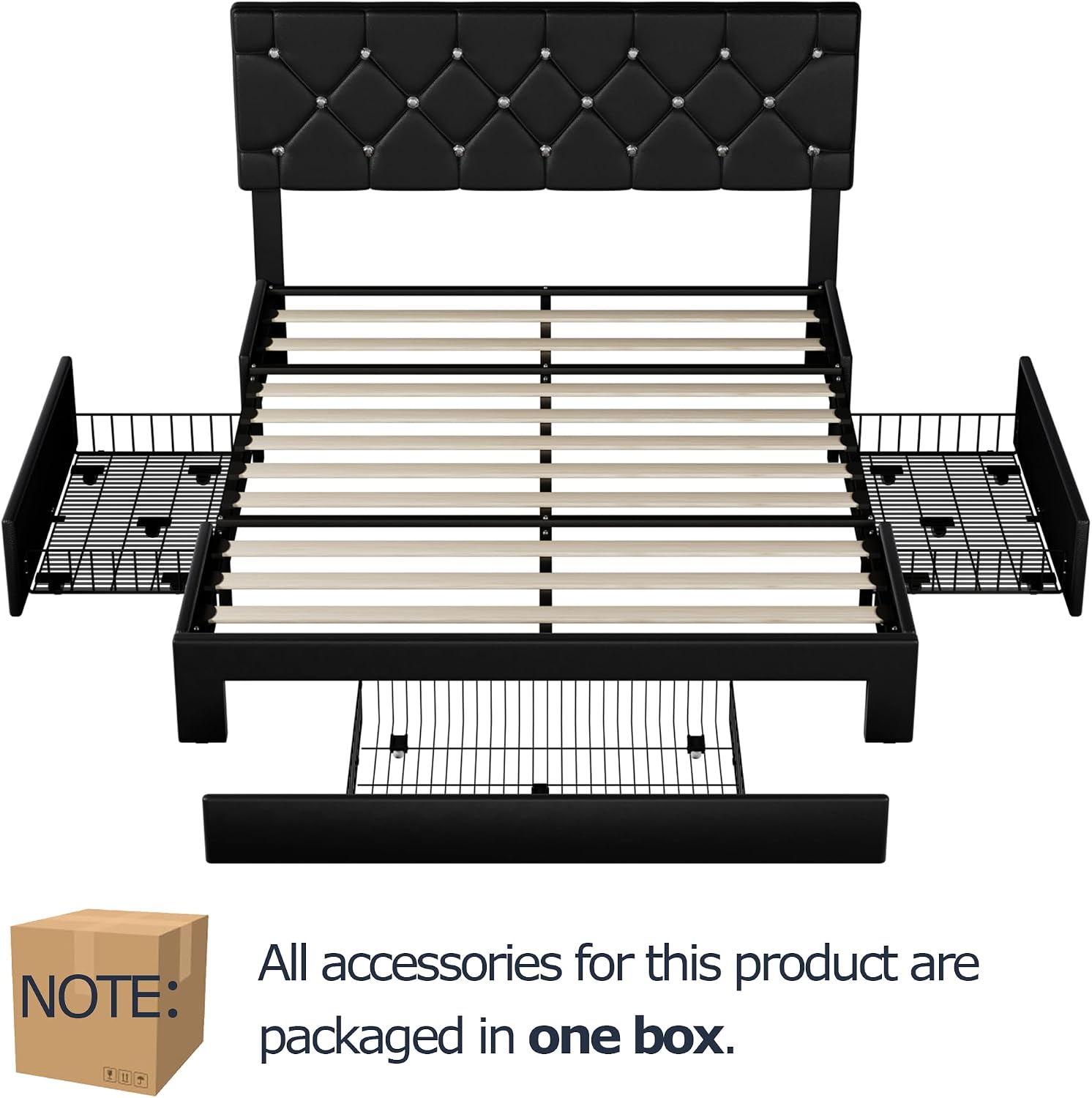 VECELO Full Size Bed Frame with 3 Storage Drawers, Leather Upholstered with Diamond Tufted Headboard, Solid Wood Slat Support & Steel Framework, Black