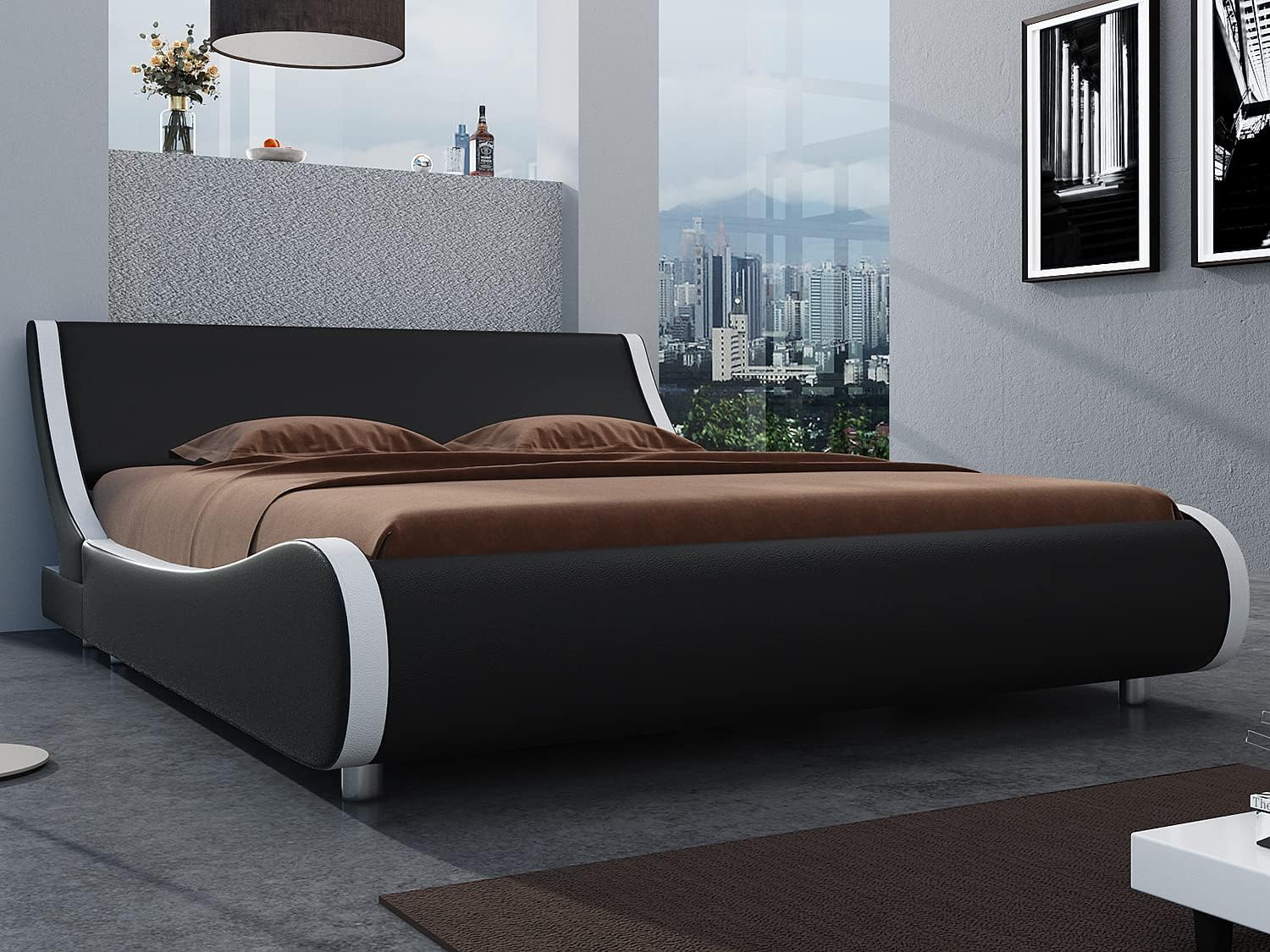 SHA CERLIN Modern Low Profile Platform Bed Frame Queen Size, Stylish Faux Leather Upholstered Sleigh Bed with Adjustable Headboard, No Box Spring Needed, Black&White