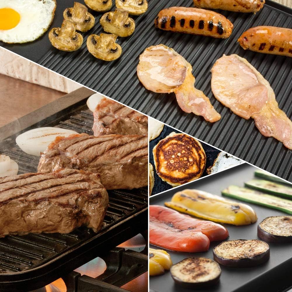 HeroFiber Cast Iron Reversible Grill/Griddle Set with Press, Scraper & Mitts - Pre-Seasoned, Non-Stick - 16.75'' x 9.5'' - Gas Stove, Grill, Camping, Outdoors, Black, OG7-18