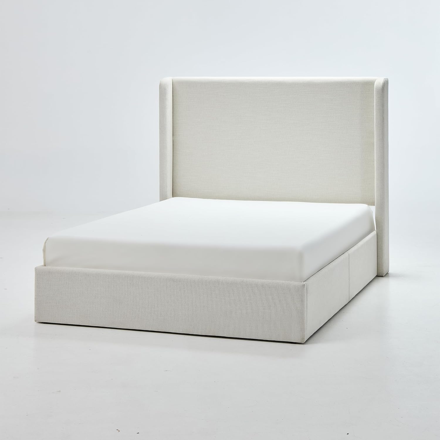 King Size Upholstered Platform Bed Frame, 52.3' High Headboard Carmen Wingback Beds, Tall Headboard King Floor Bed Frames, No Box Spring Needed No Noise, Minimalist, Textured Ivory