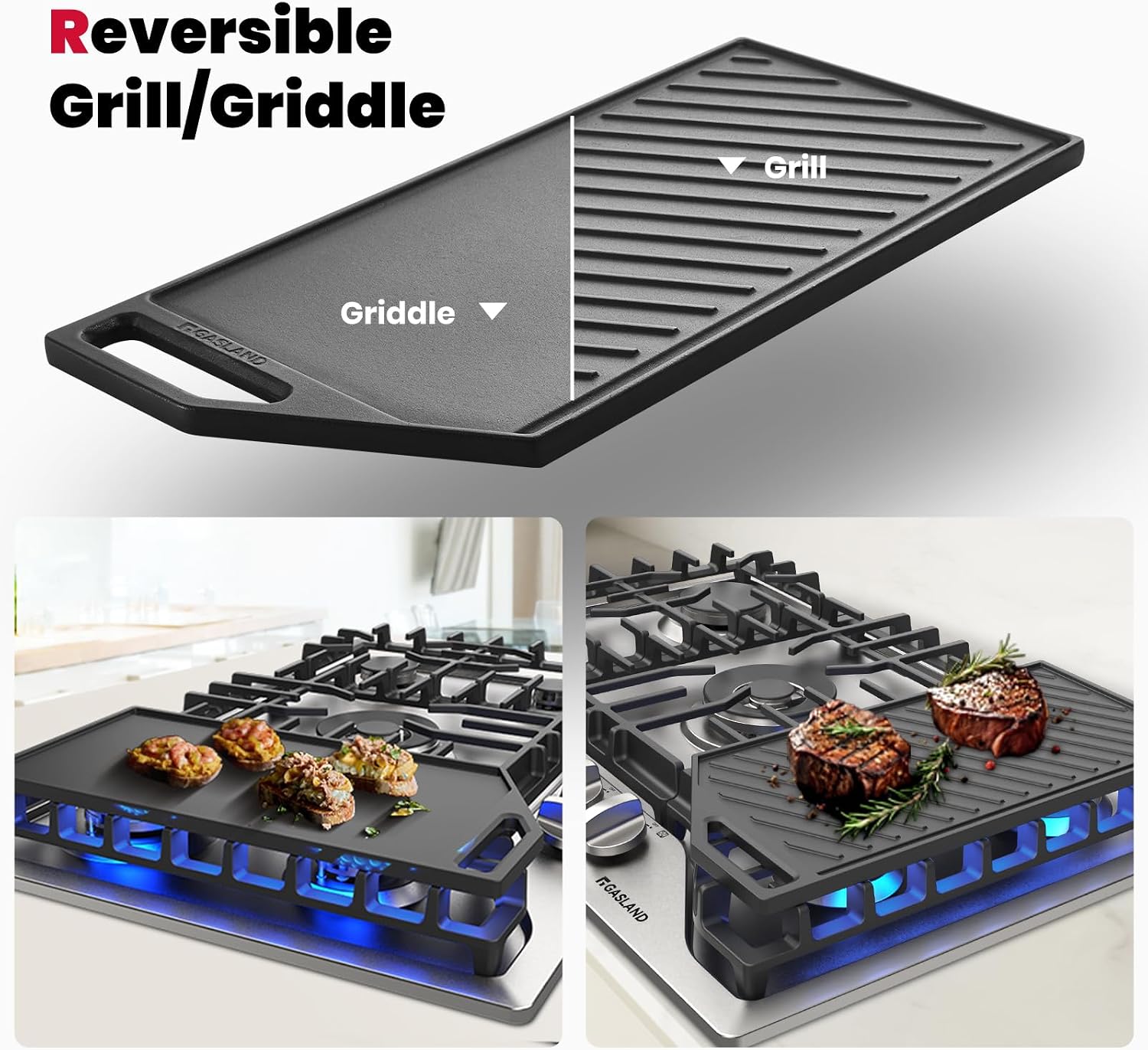 GASLAND Gas Cooktop 30 Inch, PRO GH3305SF 5 Burner Propane Stovetop with Reversible Cast Iron Grill/Griddle, Gas Countertop Plug-in, NG/LPG Convertible Cooktops, Stainless Steel