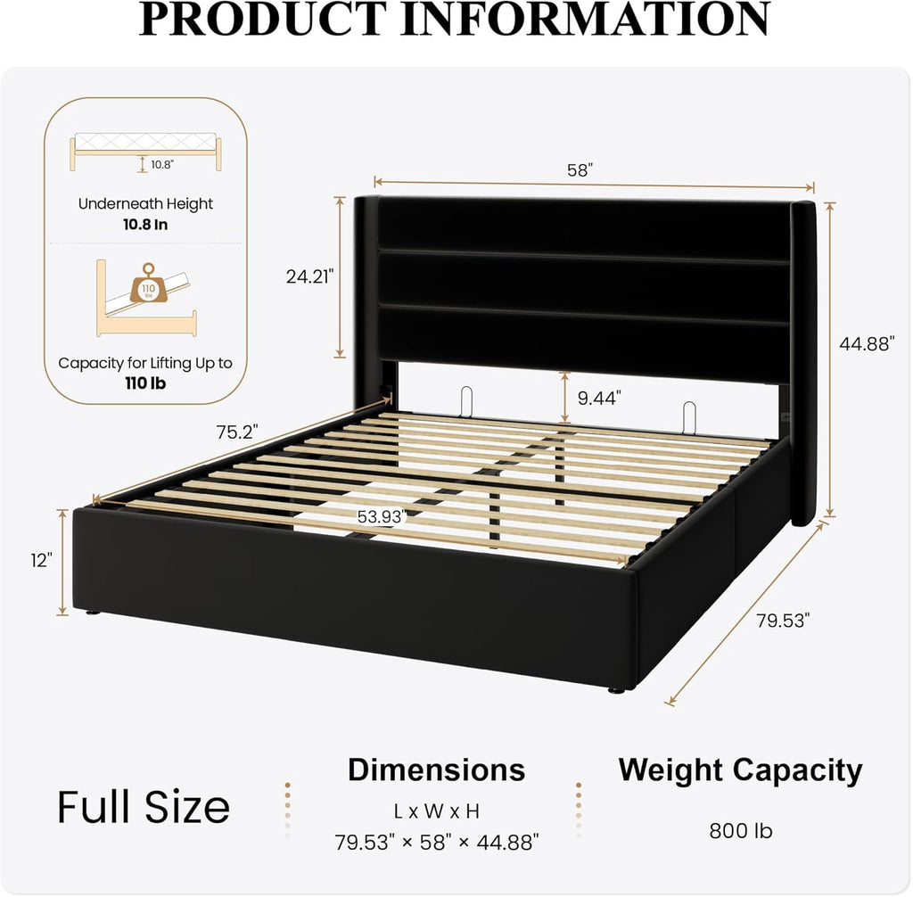 SHA CERLIN Full Size Lift Up Storage Bed/Velvet Upholstered/Modern Wingback Headboard/Upholstered Platform Bed Frame/Hydraulic Storage/No Box Spring Needed/Black