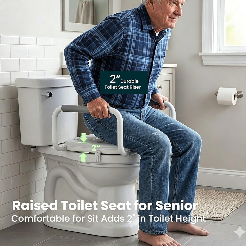 R&T 2' Toilet Seat Riser with Handles – Comfortable Raised Toilet Seat for Seniors, Fits for Elongated Toilets, Elevated Seat with Soft Grey Padded Arms for Bathroom