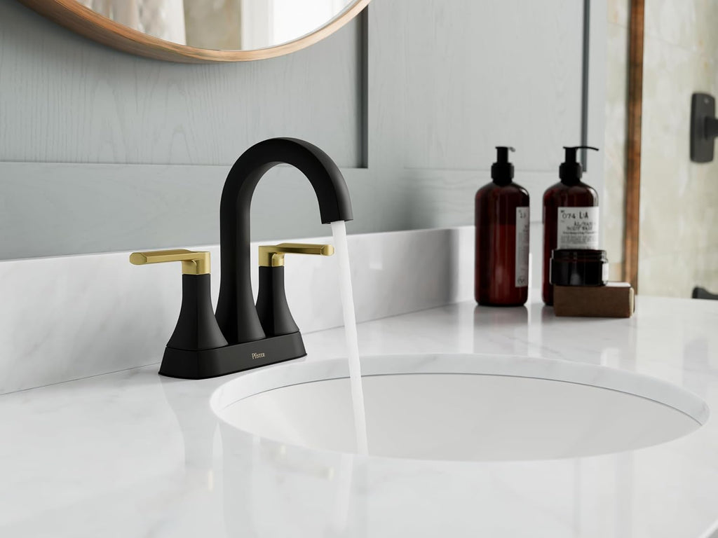 Pfister Vaneri Bathroom Sink Faucet 4 inch Centerset 2 Handle 3 Hole Matte Black and Brushed Gold Finish NSF Certified Water Efficient Push Seal Drain LF048VRIBBG