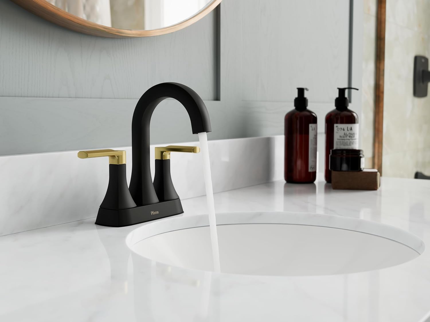 Pfister Vaneri Bathroom Sink Faucet 4 inch Centerset 2 Handle 3 Hole Matte Black and Brushed Gold Finish NSF Certified Water Efficient Push Seal Drain LF048VRIBBG