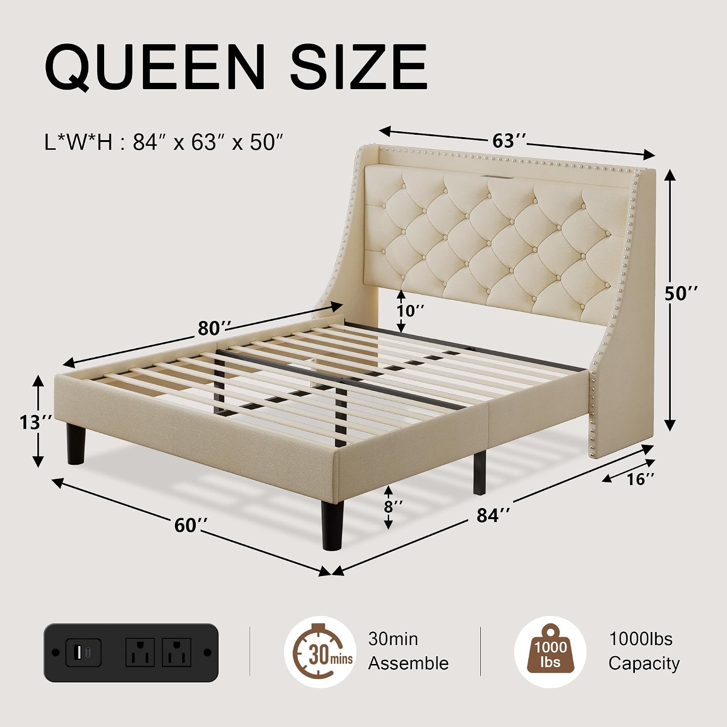 Einhomn Queen Size Bed Frame with Wingback Button Tufted Storage Headboard and Type AC Ports, Upholstered Platform Bed, Wooden Slats Support, No Box Spring Needed, Noise-Free, Beige