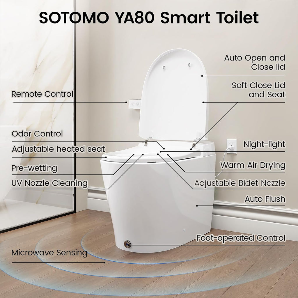 Smart Toilet With Built-in Bidet, Elongated Bidet Toilet, Instant Warm Water Wash, Auto Flush, Auto Open/Close, Heated Seat, Dryer, Night-Light, and Flush Capability During a Blackout - YA80