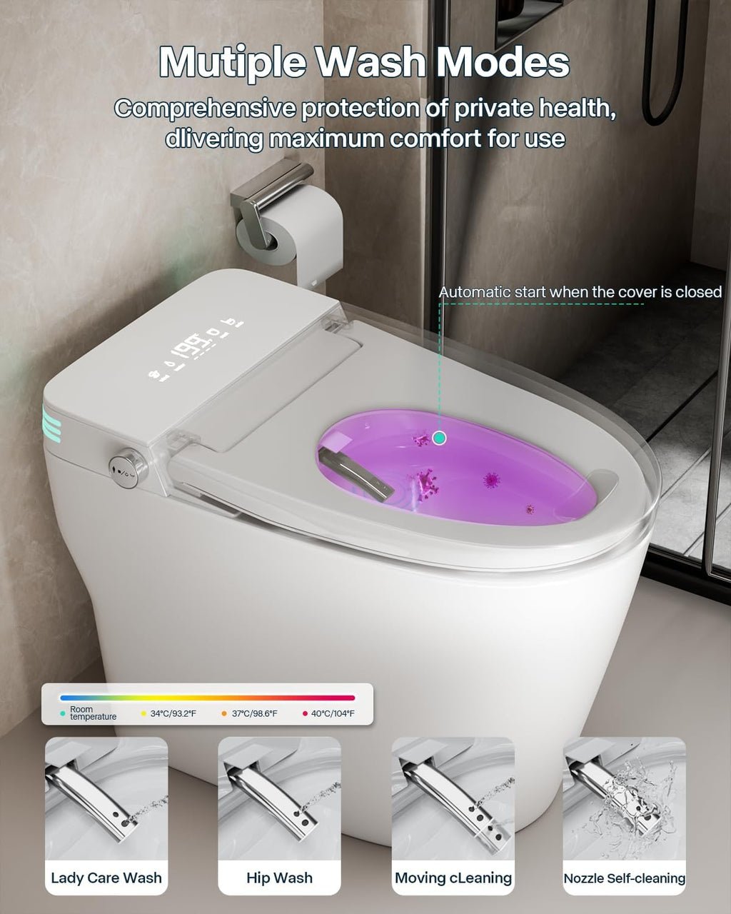 Smart Toilet with Bidet Built In, ADA Comfort Height, One Piece Elongated Toilet with Tank Built in, Pump, Auto Open Close Quiet Flush, Foam Shield, Voice Control Heated Seat,Instant Warm Water