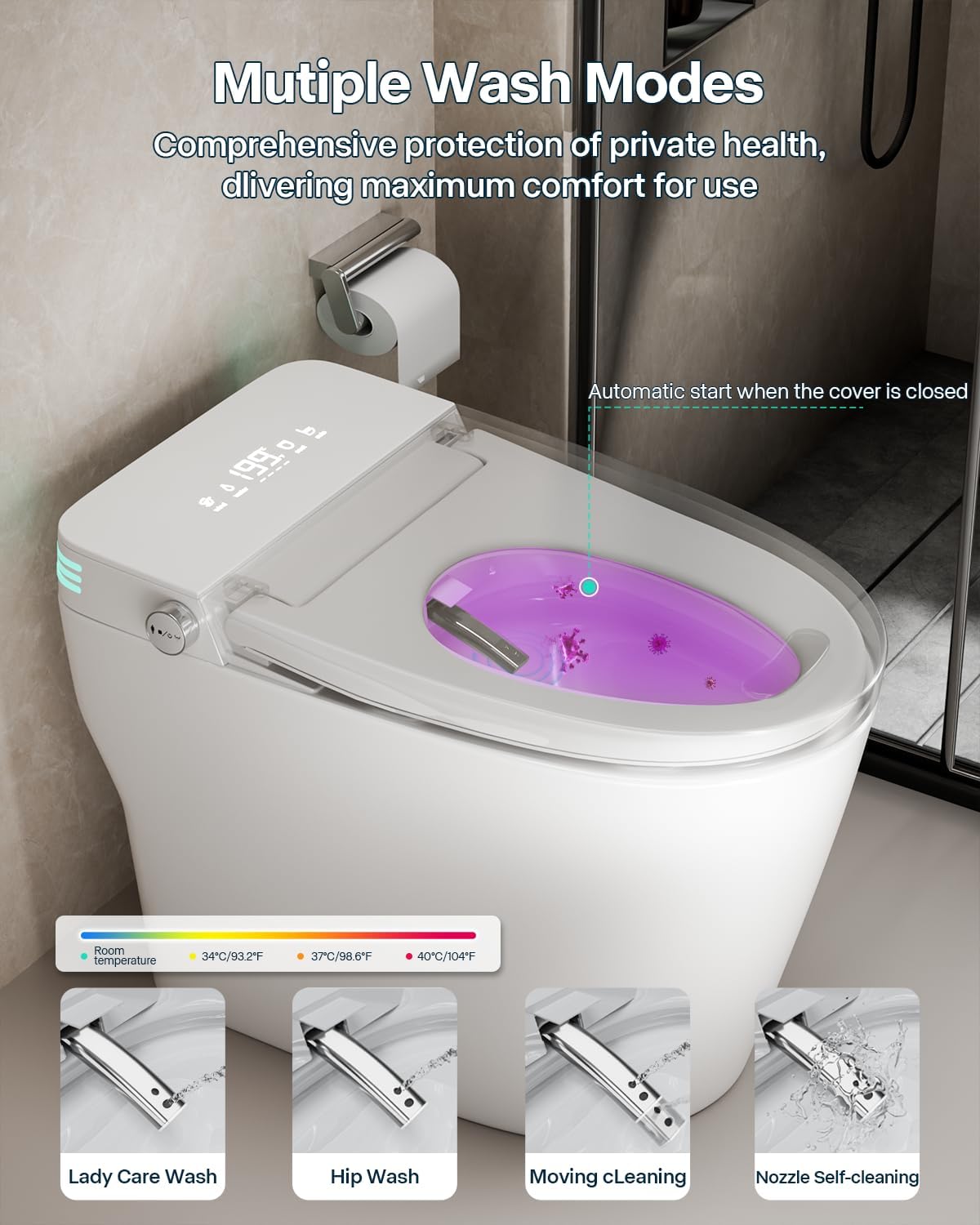 Smart Toilet with Bidet Built In, ADA Comfort Height, One Piece Elongated Toilet with Tank Built in, Pump, Auto Open Close Quiet Flush, Foam Shield, Voice Control Heated Seat,Instant Warm Water