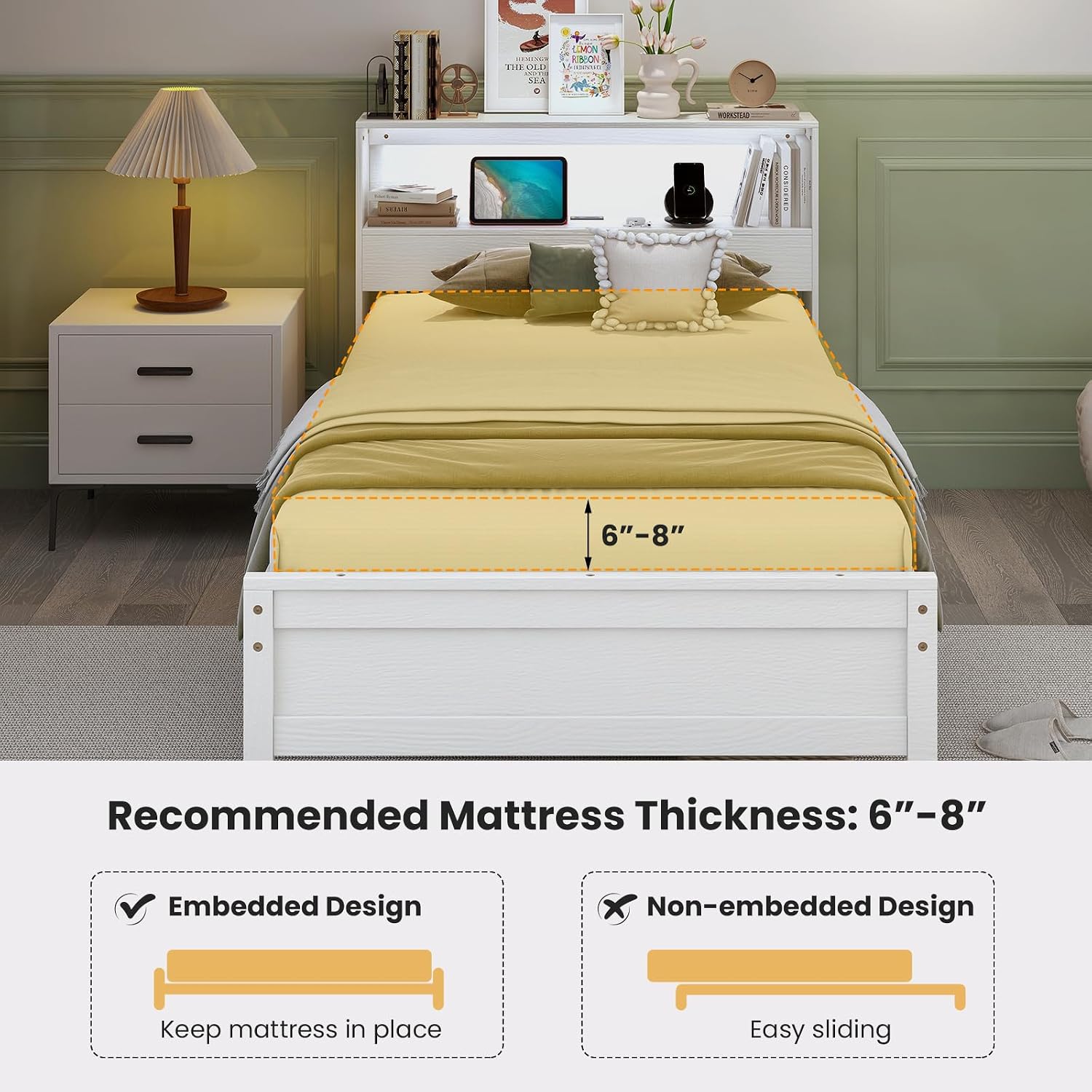 Giantex Twin Bed Frames with Storage Headboard, Wood Platform Bed with Charging Station & LED Light, Single Bed with Slats Support, Under-Bed Space, Twin Bed Frames for Kids Girls Boys (White)