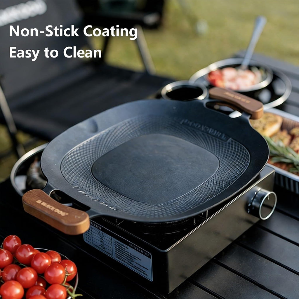 Korean Grill Pan Round BBQ Griddle with Bag Wood Handle for Indoor Outdoor Fire Camping Induction Gas Stove Electric Cooktop