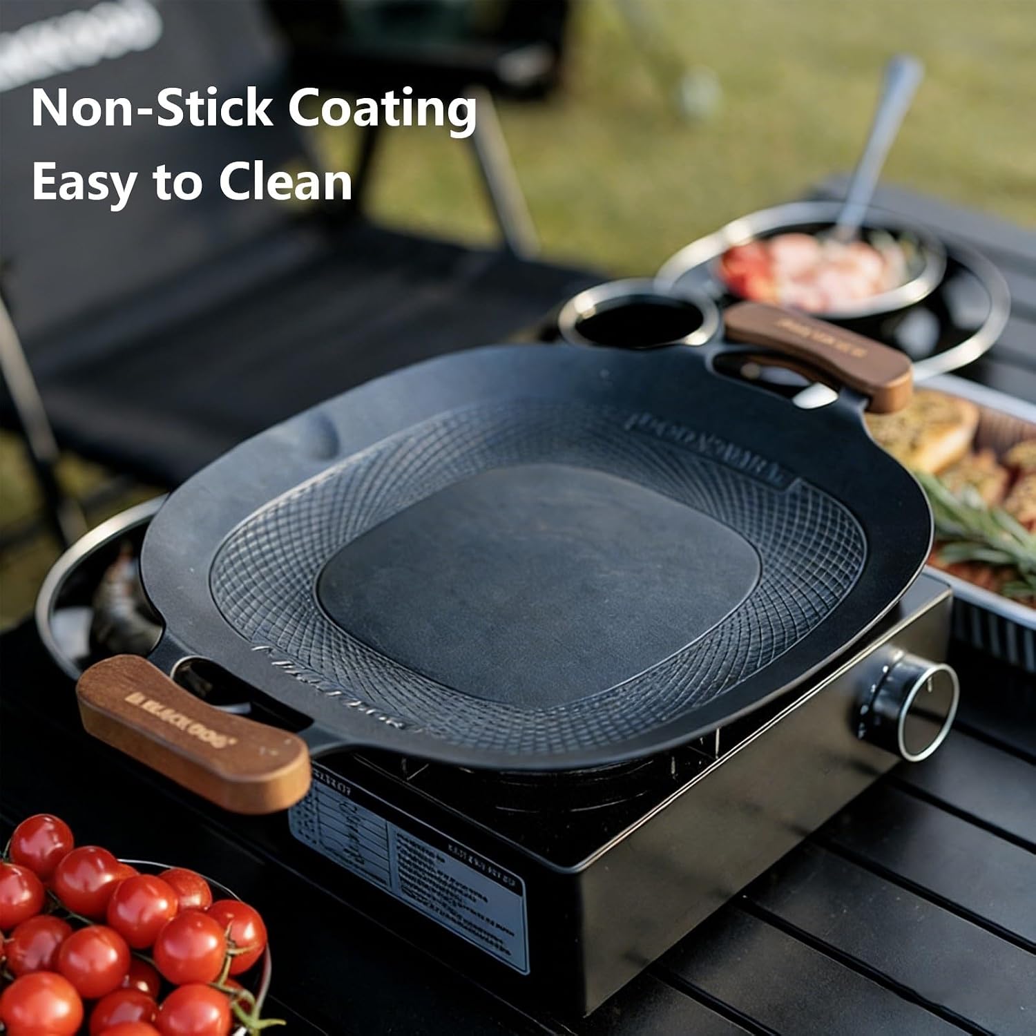 Korean Grill Pan Round BBQ Griddle with Bag Wood Handle for Indoor Outdoor Fire Camping Induction Gas Stove Electric Cooktop