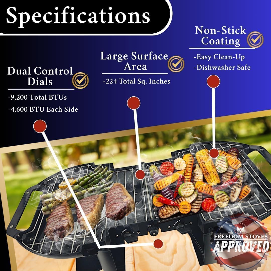 Portable Propane Grill & Griddle Combo by Freedom – Lightweight Foldable Gas Grill (16 lb), Dual Burners 9,200 BTU, Electric Ignition, Tote Included – Ideal for Camping, RV, Tailgating